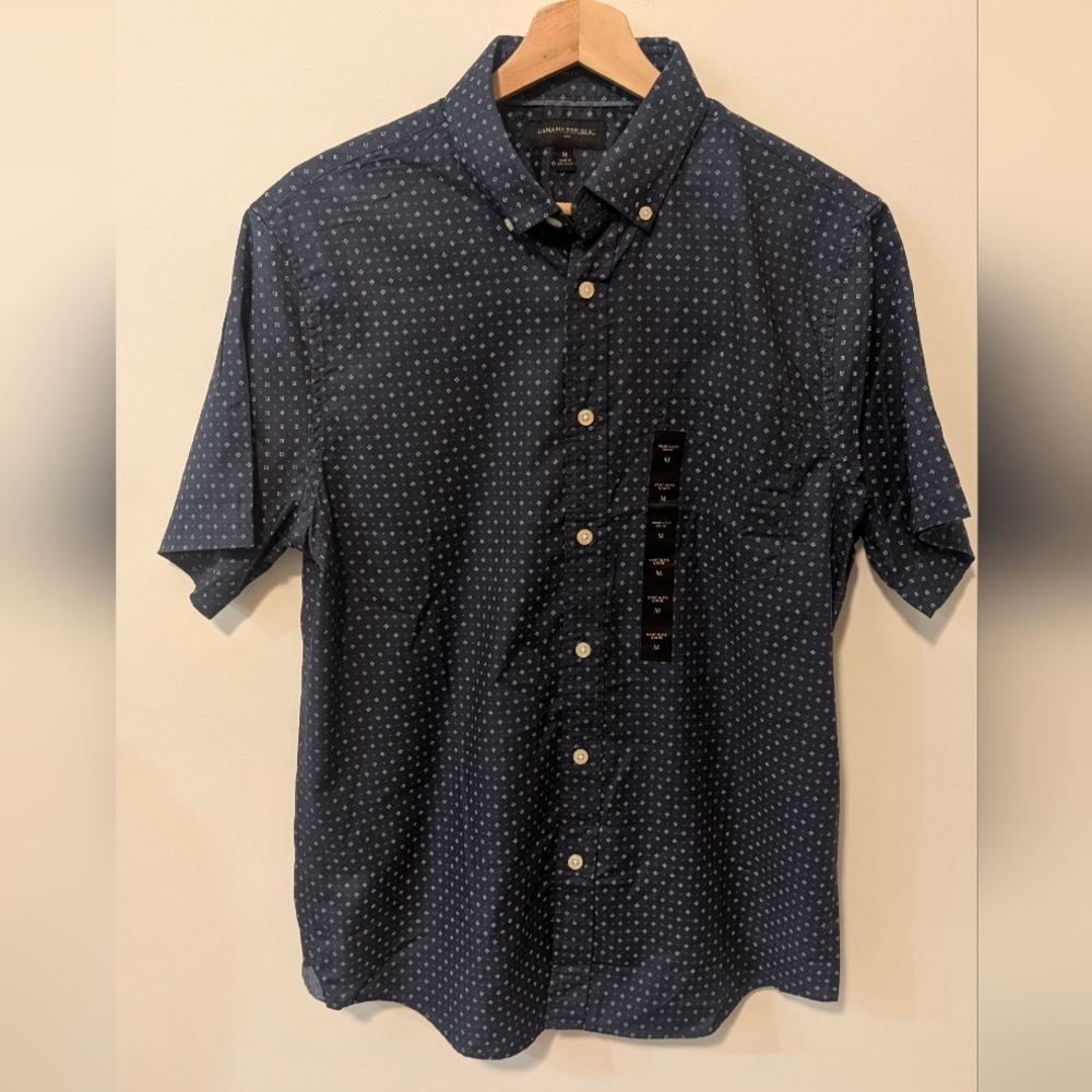 Banana Republic Slim Fit Tech-Stretch Cotton Small Print Navy Button Down Shirt